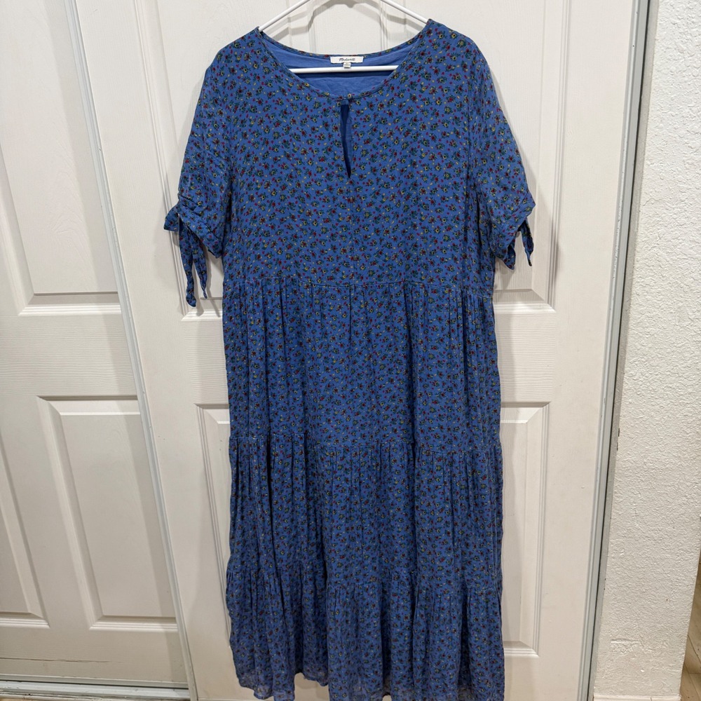 Madewell Blue Floral Tiered Midi Dress AL320 XL Cotton Tie Sleeve Keyhole